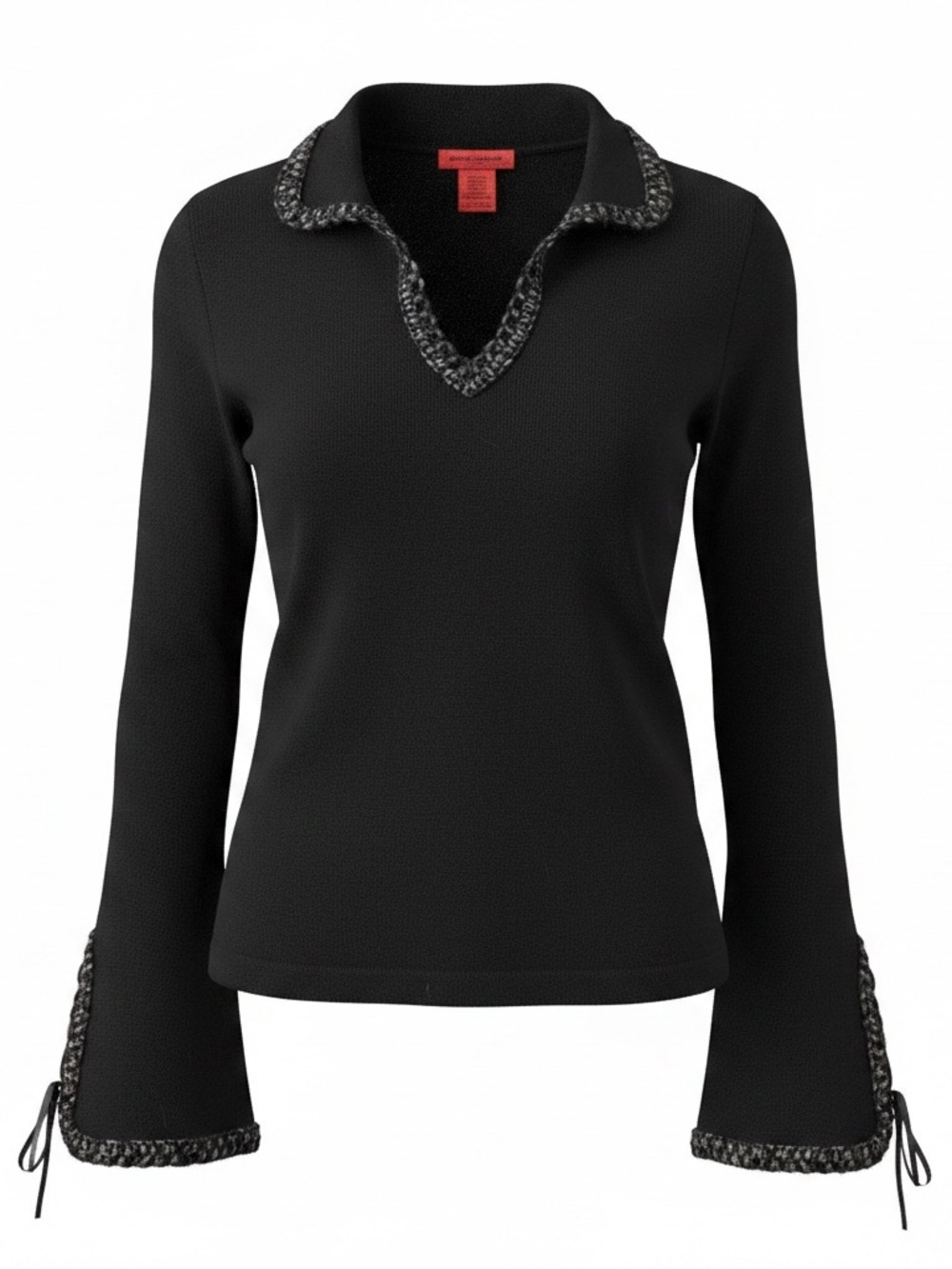Black V-Neck Long-Sleeve  with Braided Trim Wool blend